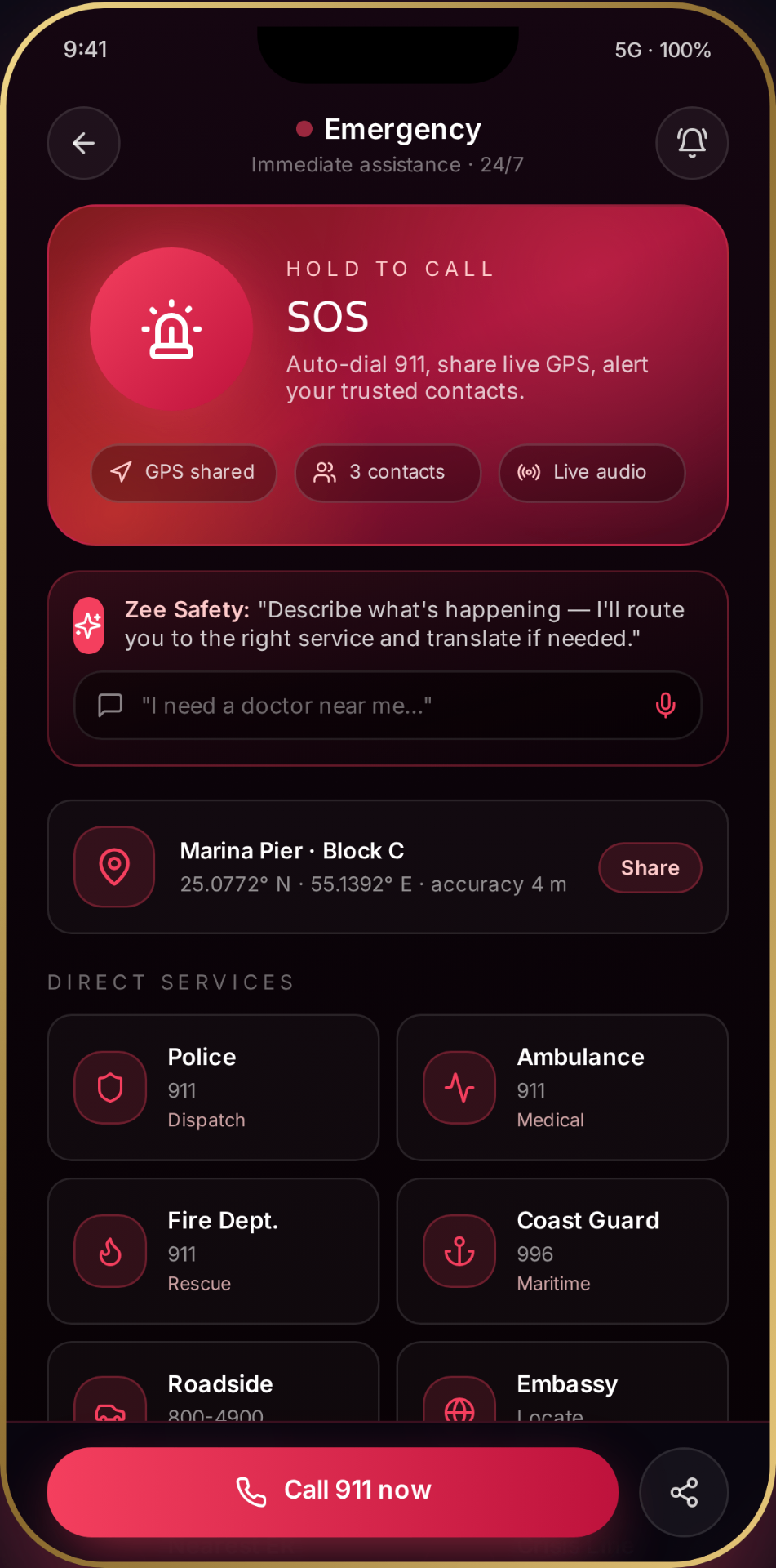 Spotz Emergency screen with SOS button, live GPS and direct service contacts